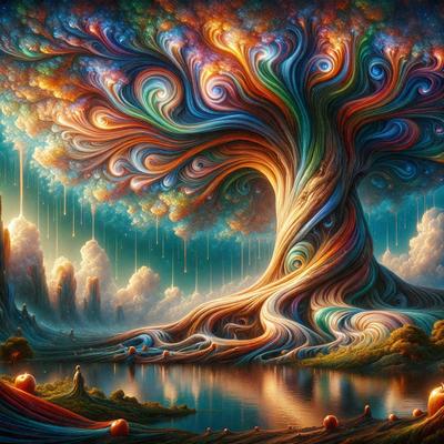 The primary subject of the image is a large, colorful tree with a tree trunk that appears to be a tree within a tree. The tree is surrounded by a vibrant, swirling background, giving the scene a whimsical and surreal appearance. The visual style of the image is a combination of digital art and illustration, with the tree and its surroundings being intricately detailed and painted. The colors and mood of the image are predominantly warm and lively, with the tree and its surroundings being painted in a variety of bright and bold colors.